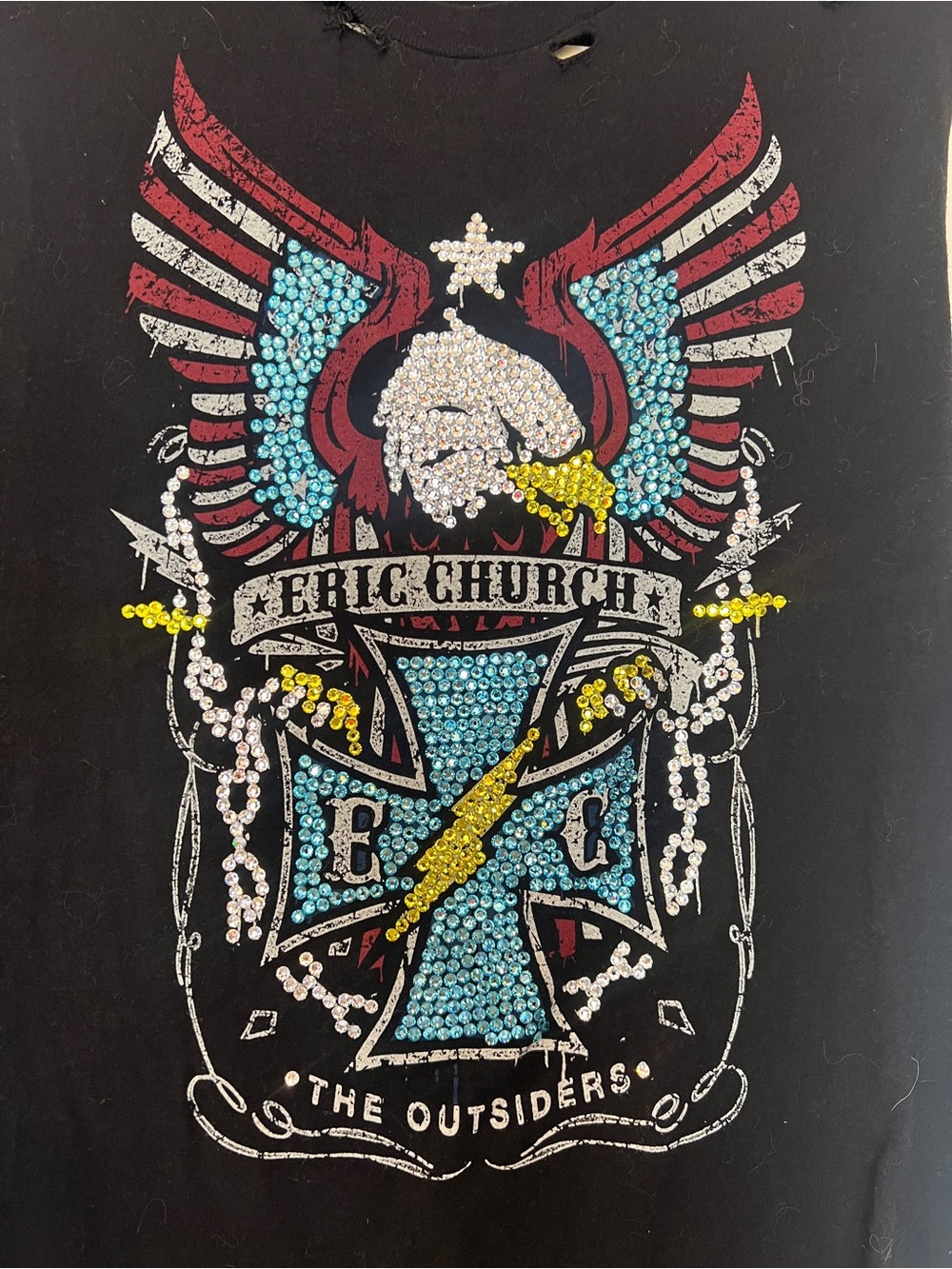 Eric Church Rhinestone Distressed-  Embellished Outsiders 2015 tour tee